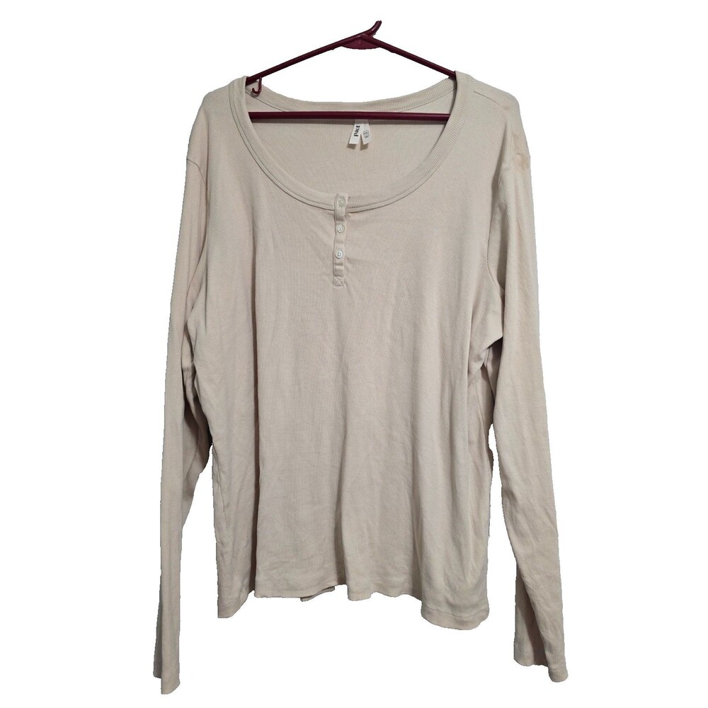 Pact Organic Cotton Blend Ribbed Henley Top Shirt Size 2XL Tan Scoop Neck